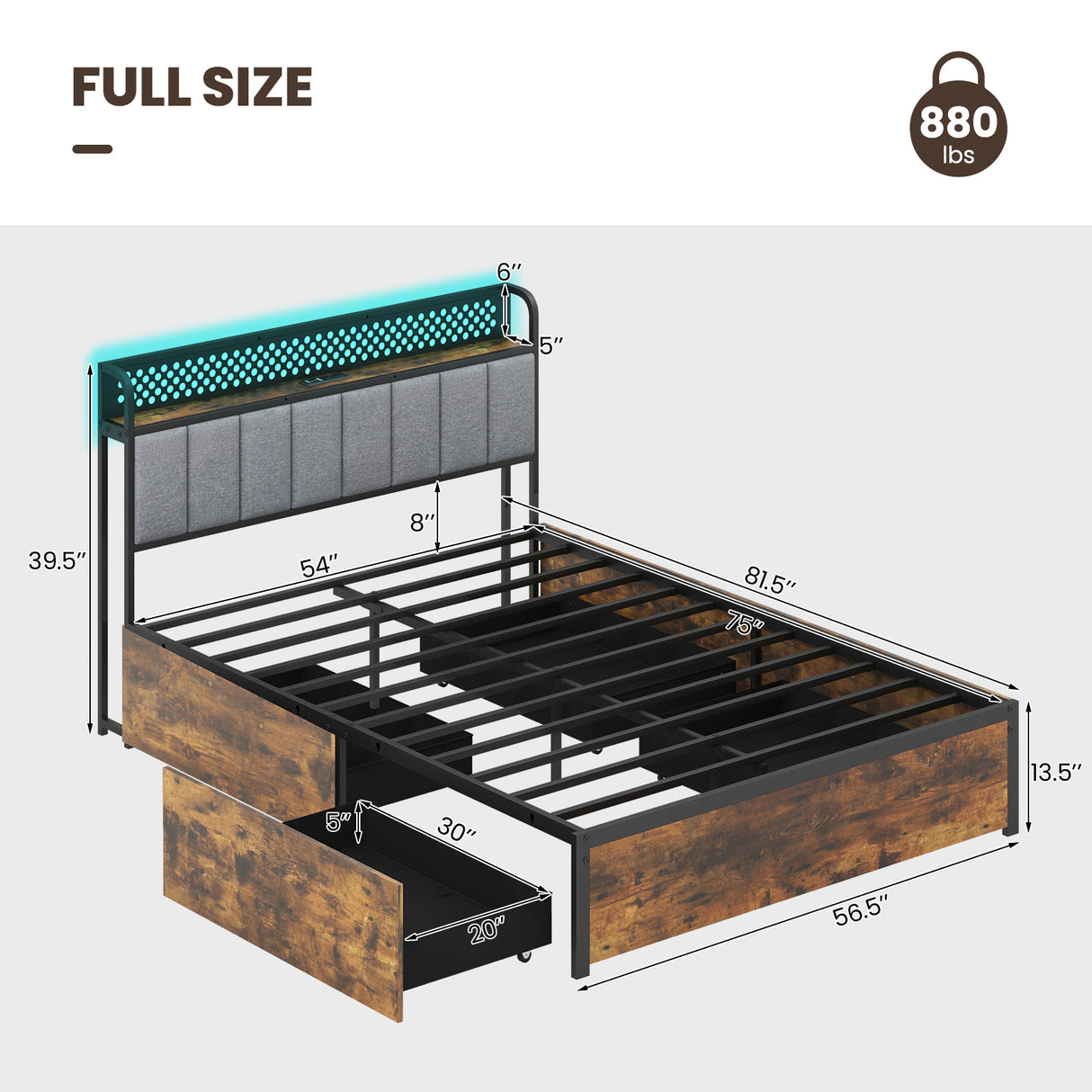 Twin/Full/Queen Bed Frame with LED Lights Upholstered Headboard and 4 Storage Drawers-Full Size