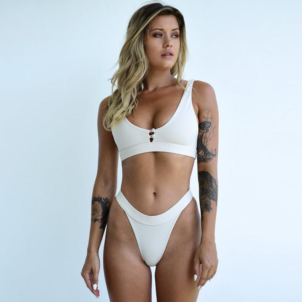 Fashion Bikini Women Two Pieces Swimsuit Button Swimwear Female Solid Bathing Suit Women's Scoop Neck Cut Out Front Lace Up Back High Cut Swimsuit Summer Beach Wear Swimming Suit