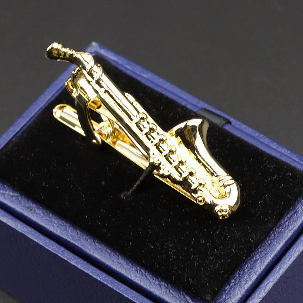 Fashion Metal Men Tie Clip Golden Musical Instrument Shape Simple Bar Clasp Luxury Fashion Necktie Tie Clips Bar Variety Pattern Mens Suit Wedding Gift Unique Tie Clip