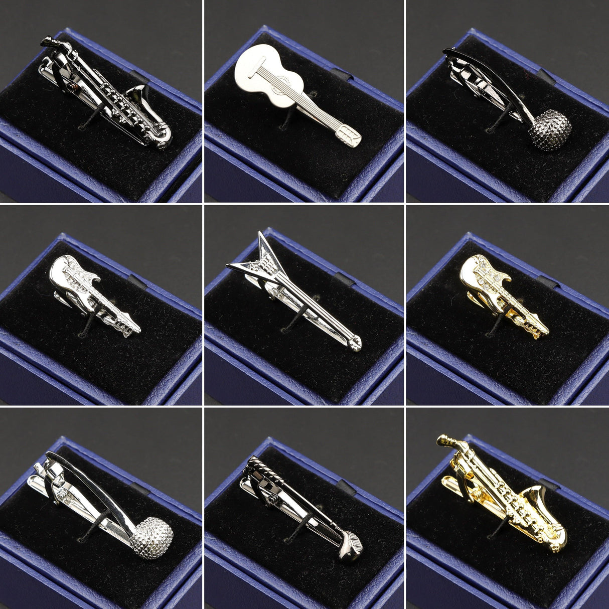 Fashion Metal Men Tie Clip Golden Musical Instrument Shape Simple Bar Clasp Luxury Fashion Necktie Tie Clips Bar Variety Pattern Mens Suit Wedding Gift Unique Tie Clip