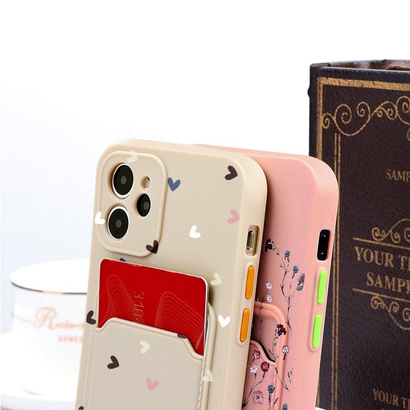 Fashionable Anti-Scratch Soft Lining Protective Case For iPhone Cases Card Holder Cute Flower Heart Phone Case For iPhone 12 13 Mini Pro Beautiful Design Soft Iphone Case