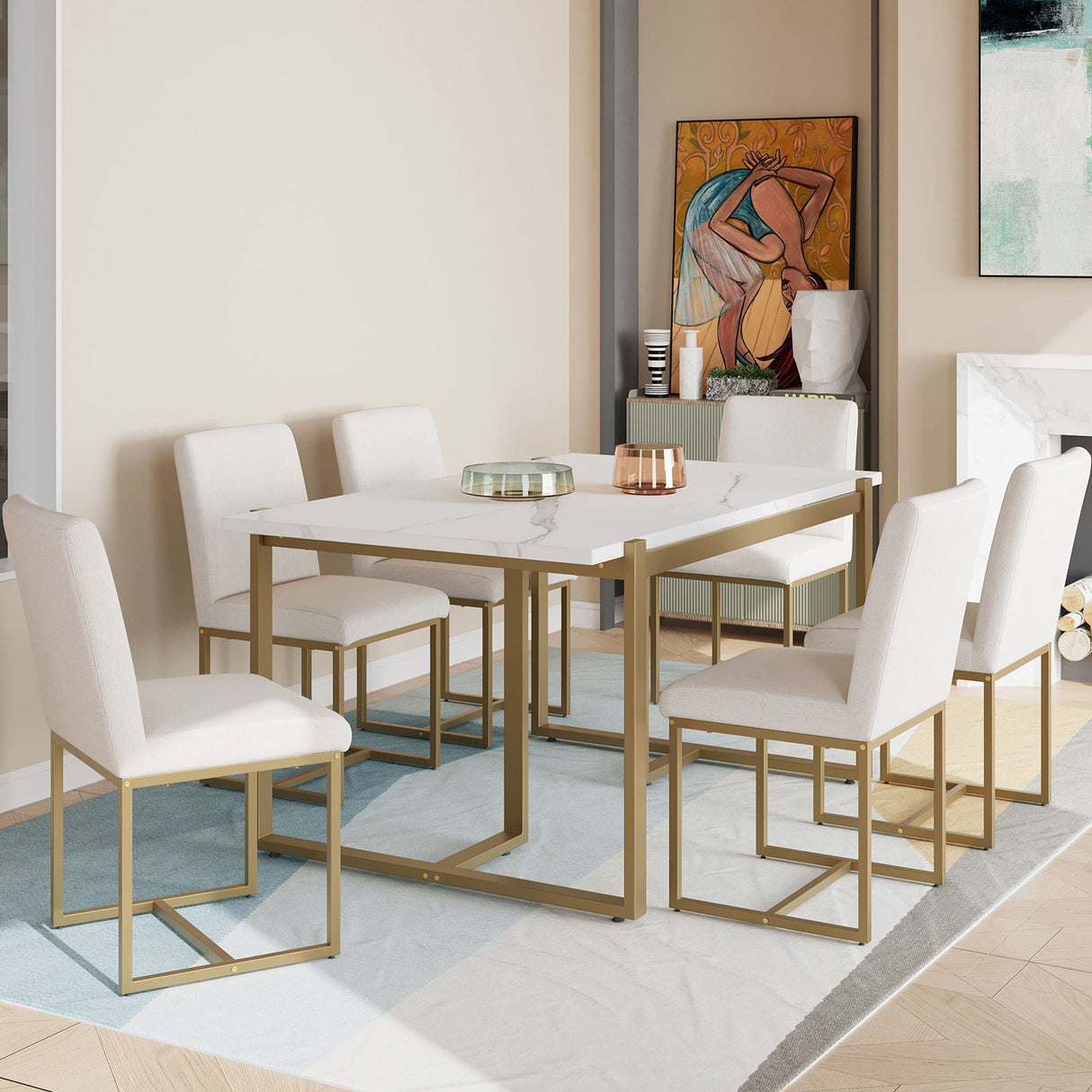Couch.com Modern Dining Table Set For 6 Faux Marble Kitchen Table Set With 6 Upholstered Dining Chairs, 7 Piece White / Golden, Durable Design, Modern Style, Wood Construction, White Finish by Couch.com