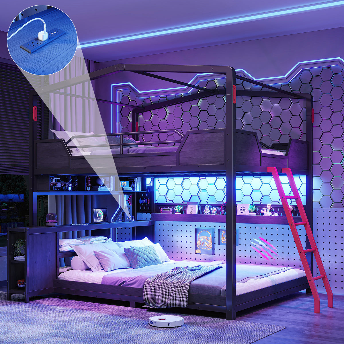 Queen Over Queen Gaming Bunk Bed with Desk, LED Lights & USB Ports, House-Shaped Metal Bunk Bed Frame with Storage Shelves, Guardrail and Ladder, Space-Saving Black Bunk Bed for Kids Teens Bedroom