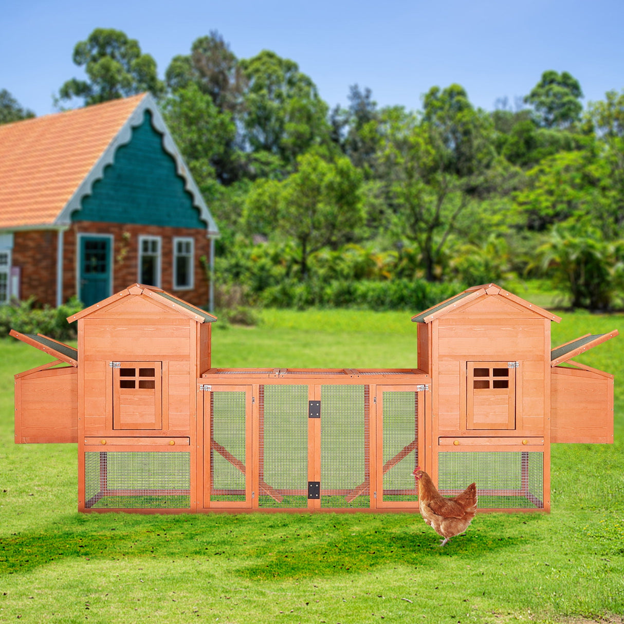 Outdoor Wooden Chicken Coop, 124" Large Hen Cage Rabbit House, Bunny Hutch With Ventilation Door, Removable Ramp Garden Backyard Pet House Chicken Nesting Box - Light Brown by Couch.com