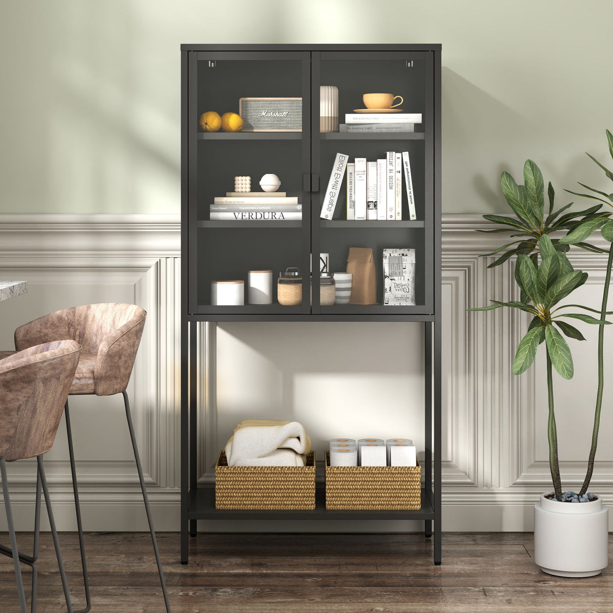 Heavy Duty Metal Storage Cabinet, Display Storage Cabinet With Glass Doors And 2 Adjustable Shelves, Tall Bookcase Modern Bookshelf Cabinet For Home Office, Living Room, Pantry by Couch.com