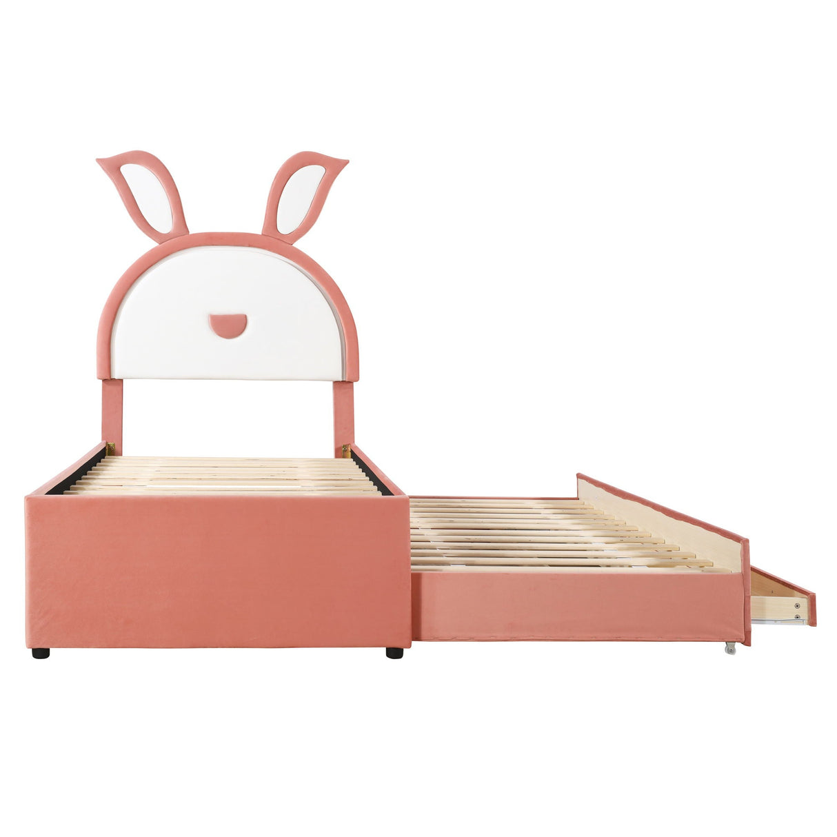 Upholstered Platform Bed With Trundle And 3 Drawers, Rabbit-Shaped Headboard With Embedded LED Lights by Couch.com