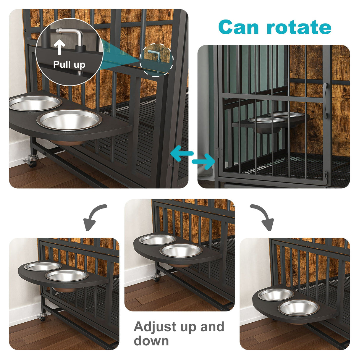 Modern Kennel Dogs Room Up To 60 Lb, Dog Crate Furniture With Multi-Purpose Rremovable Ttray, Double-Door Dog House, Lift Panel, 360 Degree Rotation, 3 Height Adjustable Feeding Bowls by Couch.com