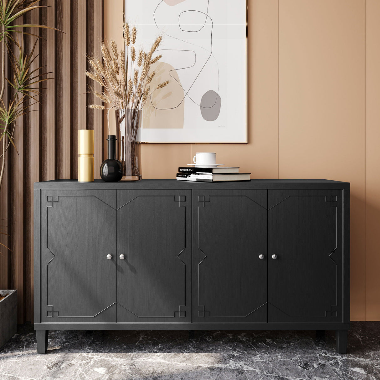 Accent Cabinet 4 Door Wooden Cabinet Sideboard Buffet Server Cabinet Storage Cabinet, For Living Room, Entryway, Hallway, Office, Kitchen And Dining Room - Matte Black by Couch.com