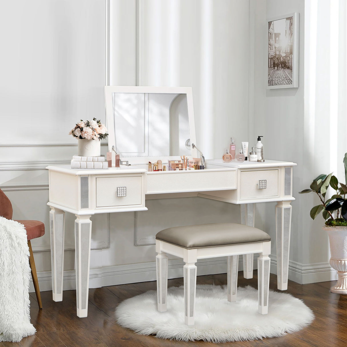 Mirrored Vanity Desk With Drawers And Stool, Flip Up Dressing Table Set For Makeup Room by Couch.com