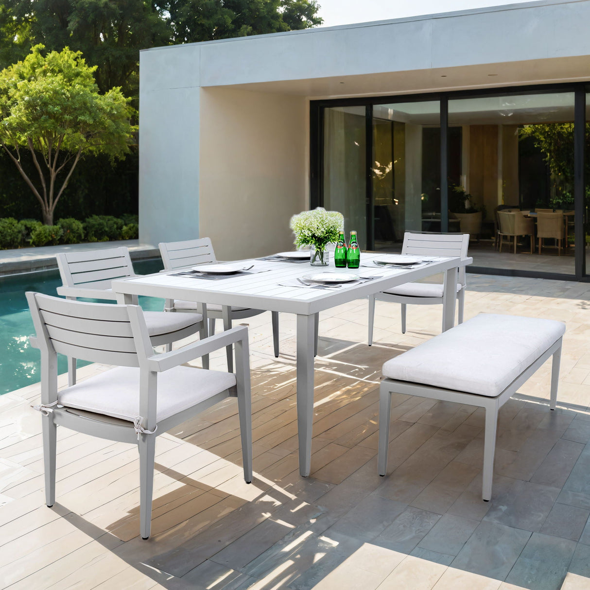 6 Piece Dining Set Modern Outdoor Patio Furniture, 4 Dining Chairs & 1 Dining Bench Sunbrella Fabric And 2 Tone Rectangle Table With Umbrella Hole - Matte White / Grayish by Couch.com