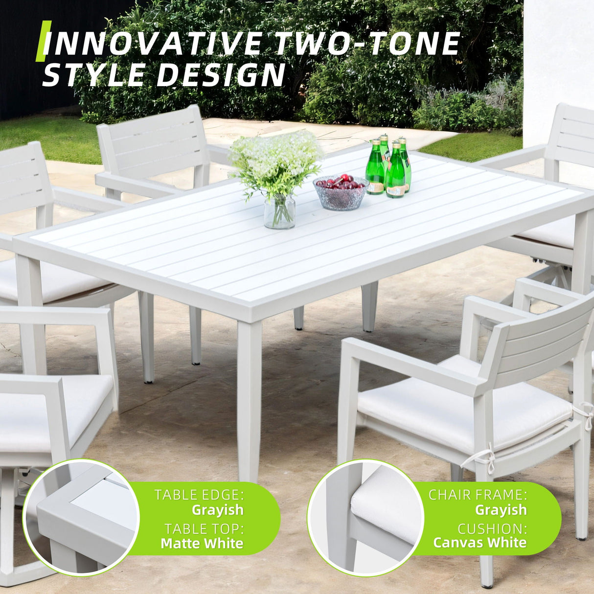 7 Piece Dining Set Modern Outdoor Patio Furniture, Including 4 Dining Chairs & 2 Swivel Rockers Sunbrella Fabric Cushioned And Rectangle Dining Table With Umbrella Hole by Couch.com