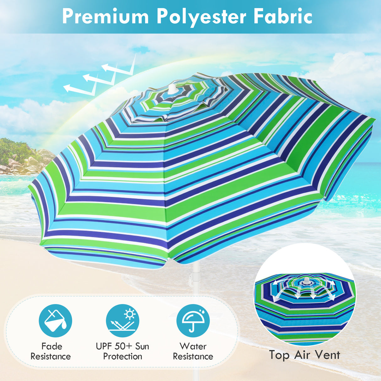 7.2 Feet Portable Outdoor Beach Umbrella with Sand Anchor and Tilt Mechanism-Green