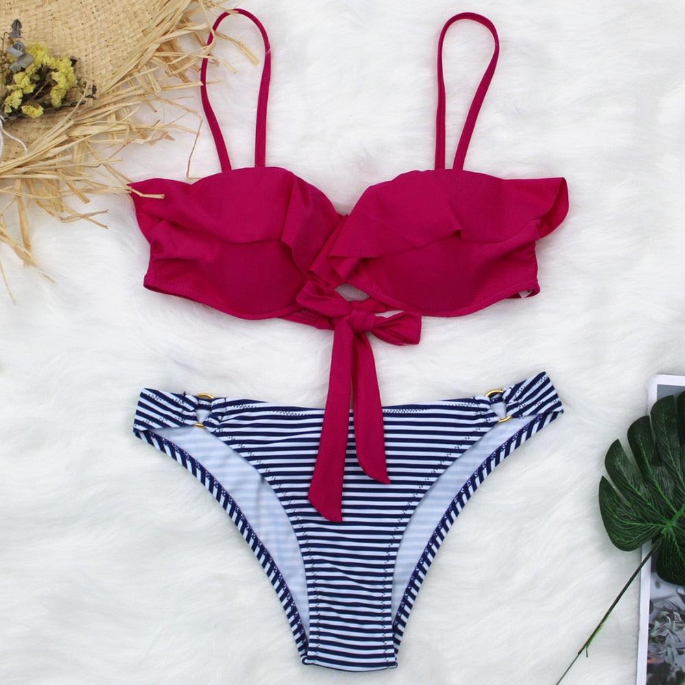 Female Two Piece Swimsuit Low Waist Bikini Floral Printing Swimwear Push Up Bathing Suit Detachable Padded Push Up Striped Bikini Set Two Piece Swimsuit Ladies Vintage Lace Bikini Sets Beach Swimwear