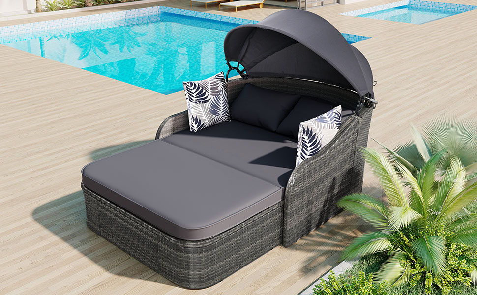 Outdoor Sunbed With Adjustable Canopy, Daybed With Pillows, Double Lounge, PE Rattan Daybed by Couch.com