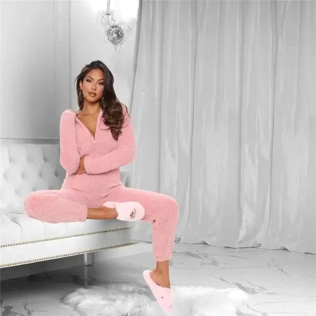 Fleece Jumpsuits For Women Autumn Winter One Piece Outfit Women Hooded Romper Winter Cute Pajamas For Winter V Neck Fuzzy Fleece Pajamas Romper Hooded Jumpsuit