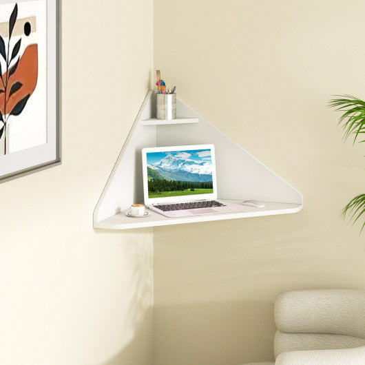 Floating Triangular Corner Computer Desk with Storage Shelf-White
