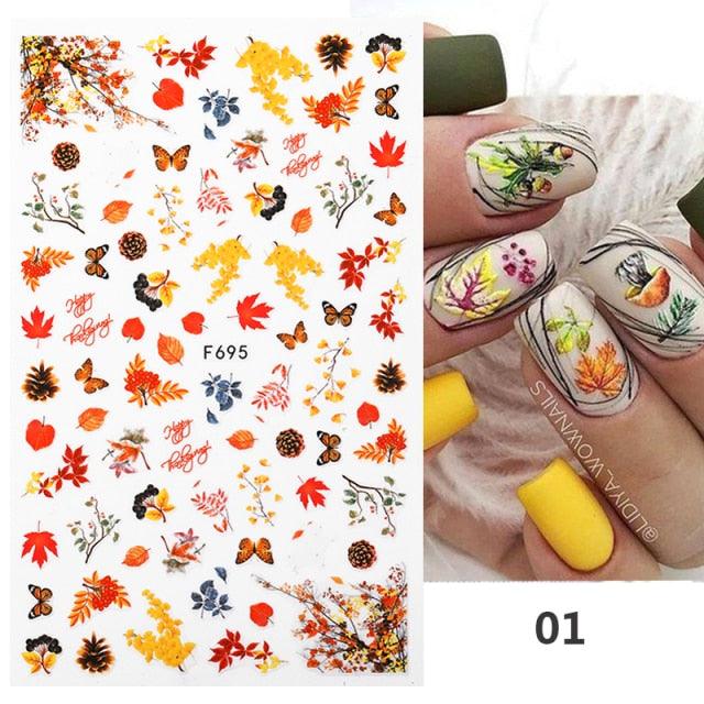 Flowers Leaves Line 3D Nail Stickers Autumn Winter Fall Leaf Design Transfer Sliders Abstract Waves Nail Art Decals Manicures Decal Self-Adhesive 3D Wave Design Decoration for Women Girls Tape Nail Art Stickers Decal Decoration