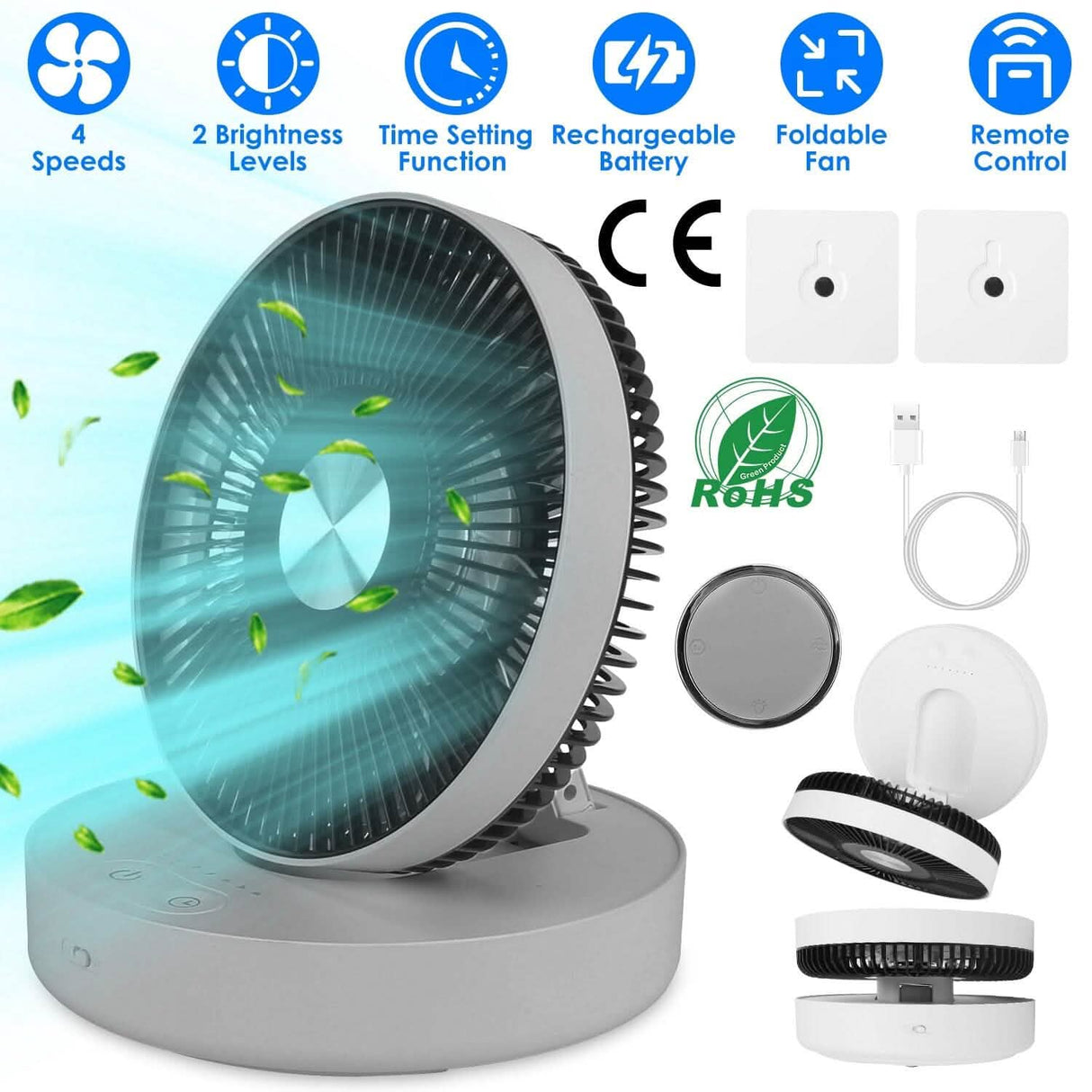 Foldable Rechargeable LED Desk Fan Wall Mounted with Magnetic Remote