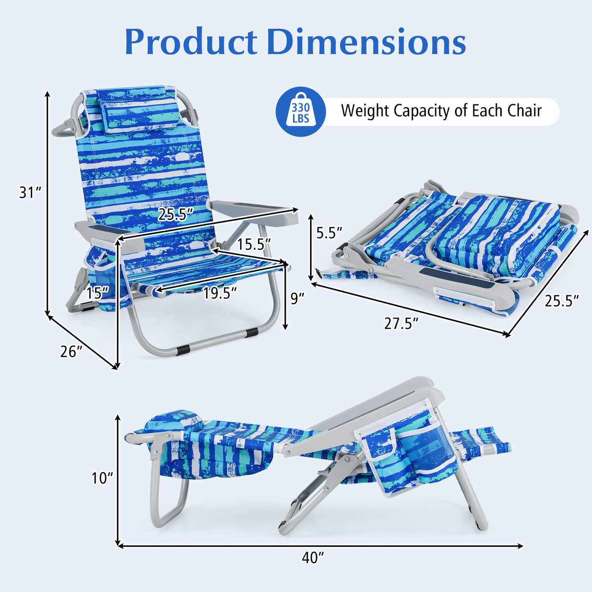 Foldable Backpack Beach Chair with Cup Holder and Storage Pockets Set of 2-Navy