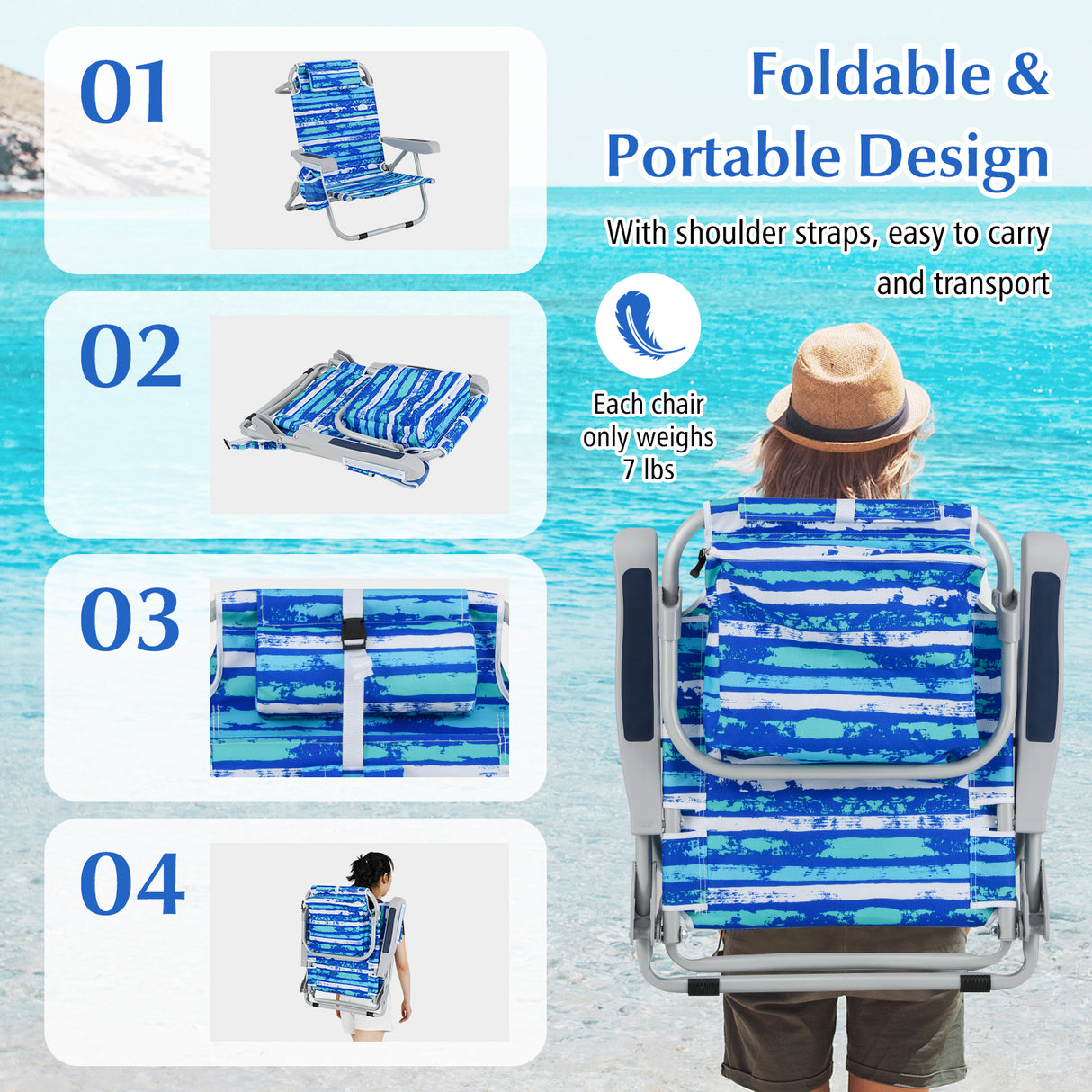 Foldable Backpack Beach Chair with Cup Holder and Storage Pockets Set of 2-Navy