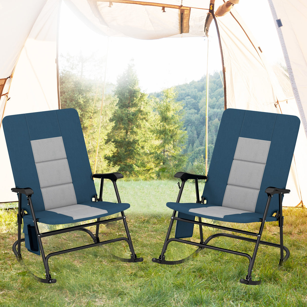 Foldable Rocking Padded Portable Camping Chair with Backrest and Armrest -Red