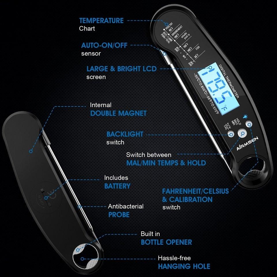 Food Kitchen Digital Meat Thermometer Waterproof Kitchen Food Cooking Thermometer with Backlight LCD Best Super Fast Electric Meat Thermometer Probe for BBQ Grilling Baking BBQ Waterproof Kitchen Cooking Tools