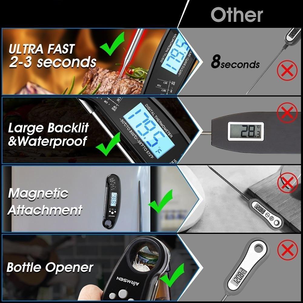 Food Kitchen Digital Meat Thermometer Waterproof Kitchen Food Cooking Thermometer with Backlight LCD Best Super Fast Electric Meat Thermometer Probe for BBQ Grilling Baking BBQ Waterproof Kitchen Cooking Tools