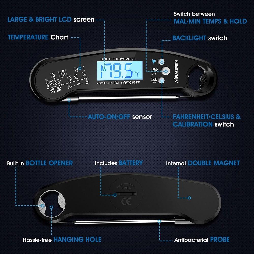 Food Kitchen Digital Meat Thermometer Waterproof Kitchen Food Cooking Thermometer with Backlight LCD Best Super Fast Electric Meat Thermometer Probe for BBQ Grilling Baking BBQ Waterproof Kitchen Cooking Tools