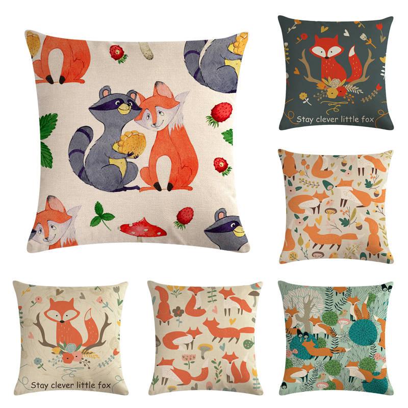 Forest Animal Fox Throw Pillow Covers Cute Cushion Cover Children Linen Cotton Teal Square Decorative for Sofa Pillow Case Decorative Cushion Pillowcases for Car Sofa Couch Woodland Girls Nursery Room Decor 45x45cm