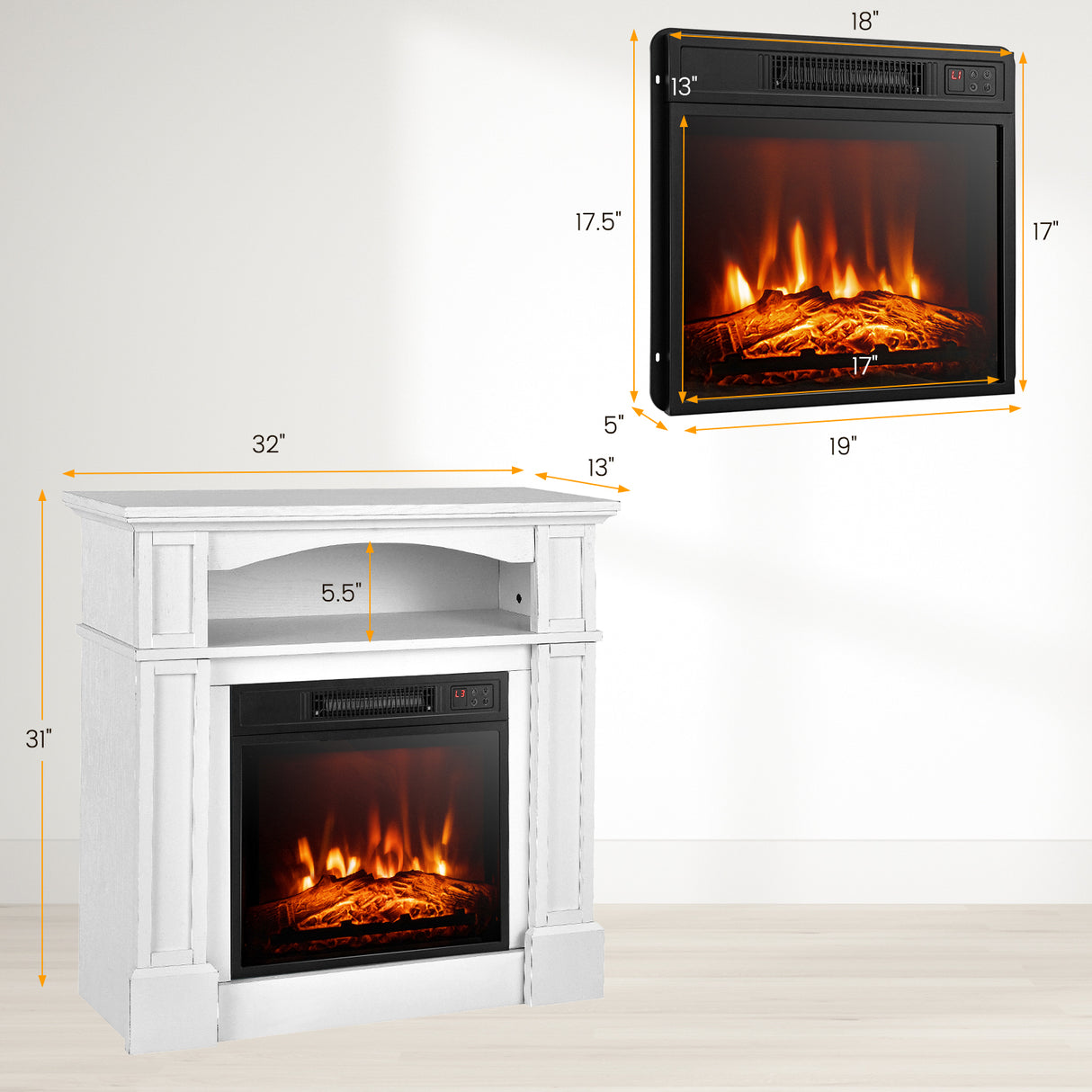 18 Inch 1400W Electric TV Stand Fireplace with Shelf-Natural