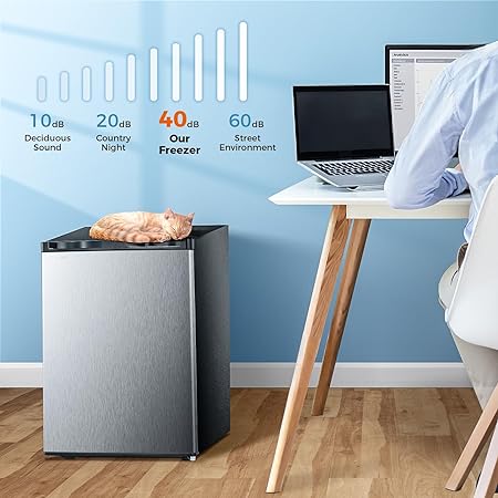 Free Standing Upright Freezer with Removable Shelf, Adjustable Thermostat, Compact Reversible Single Door Vertical Freezers