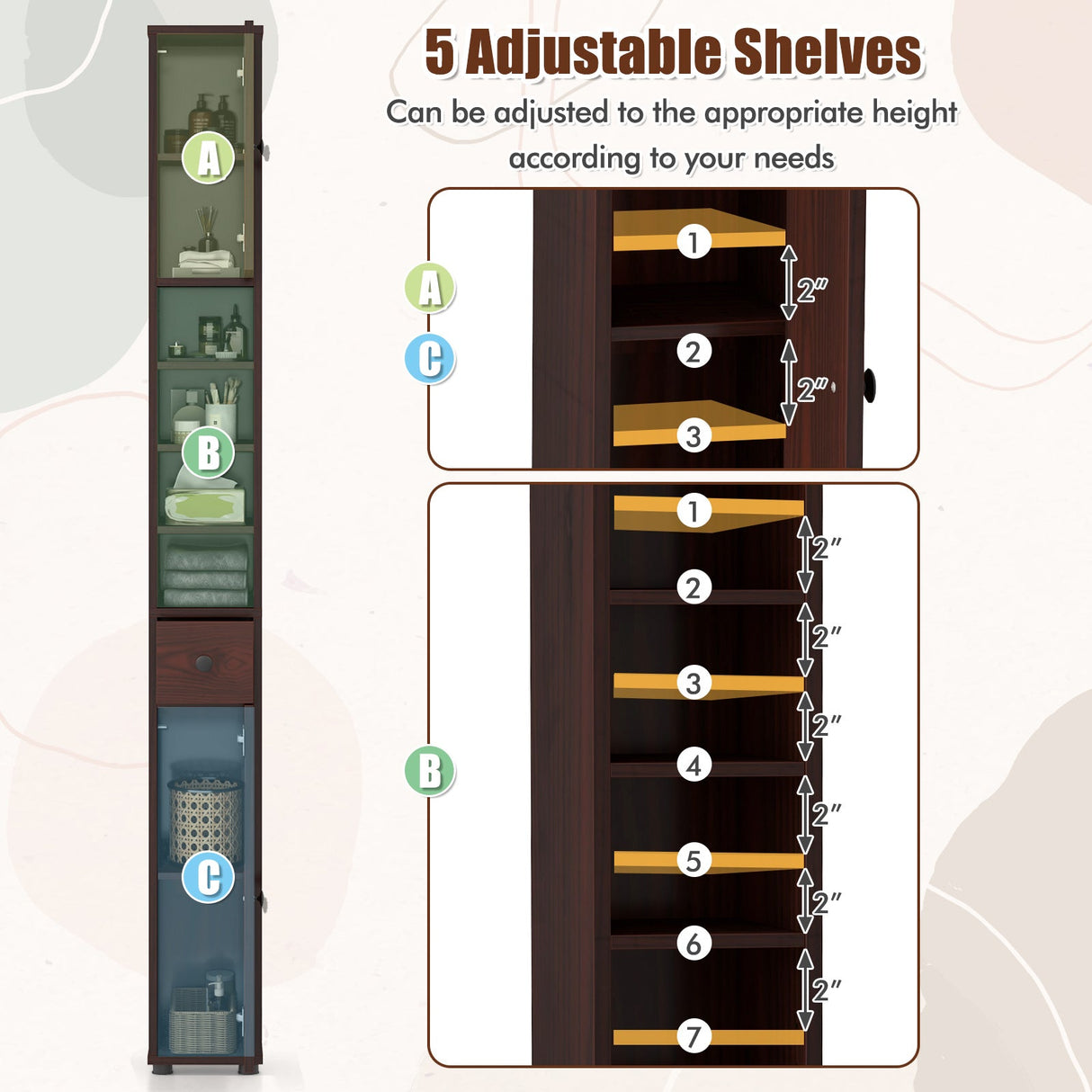 Freestanding Slim Bathroom Cabinet with Drawer and Adjustable Shelves-Brown