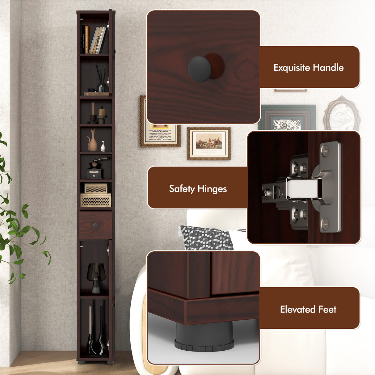 Freestanding Slim Bathroom Cabinet with Drawer and Adjustable Shelves-Brown