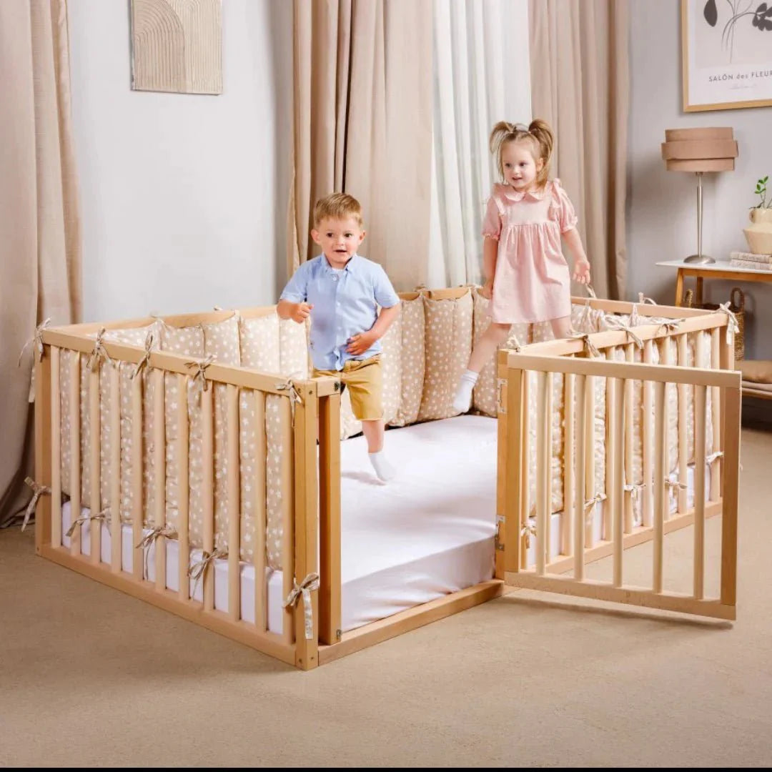 Full Montessori Floor Bed Frame for Toddlers with Fence