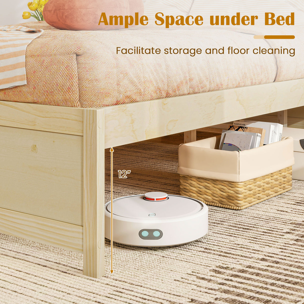 Full Size Wooden Bed Frame with 2 Rolling Storage Drawers-Natural