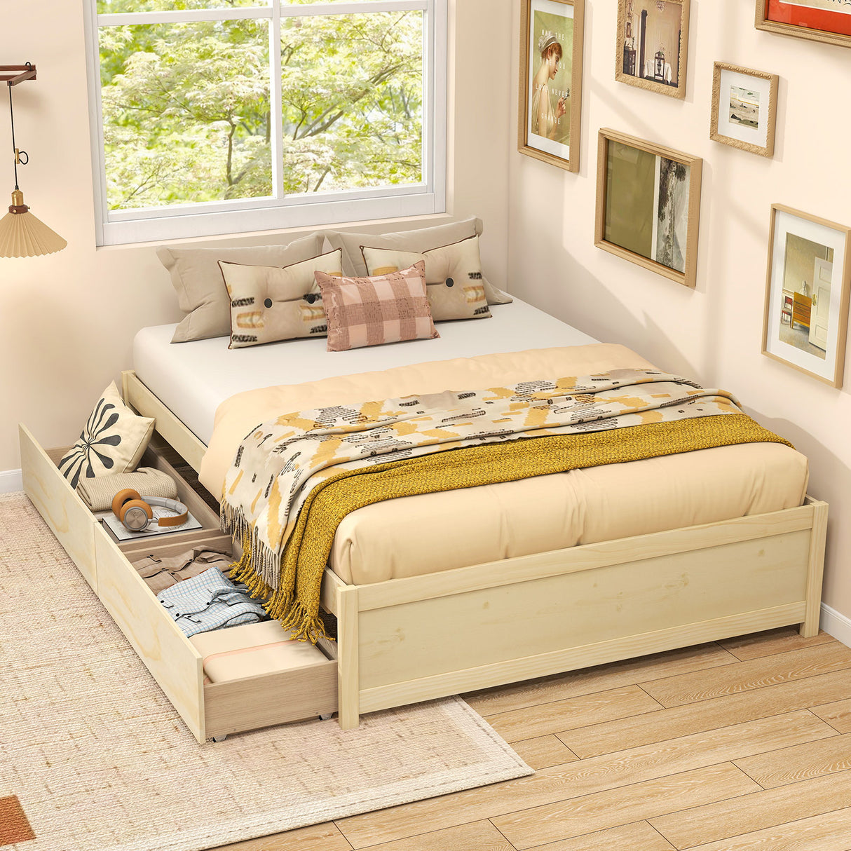 Full Size Wooden Bed Frame with 2 Rolling Storage Drawers-Natural