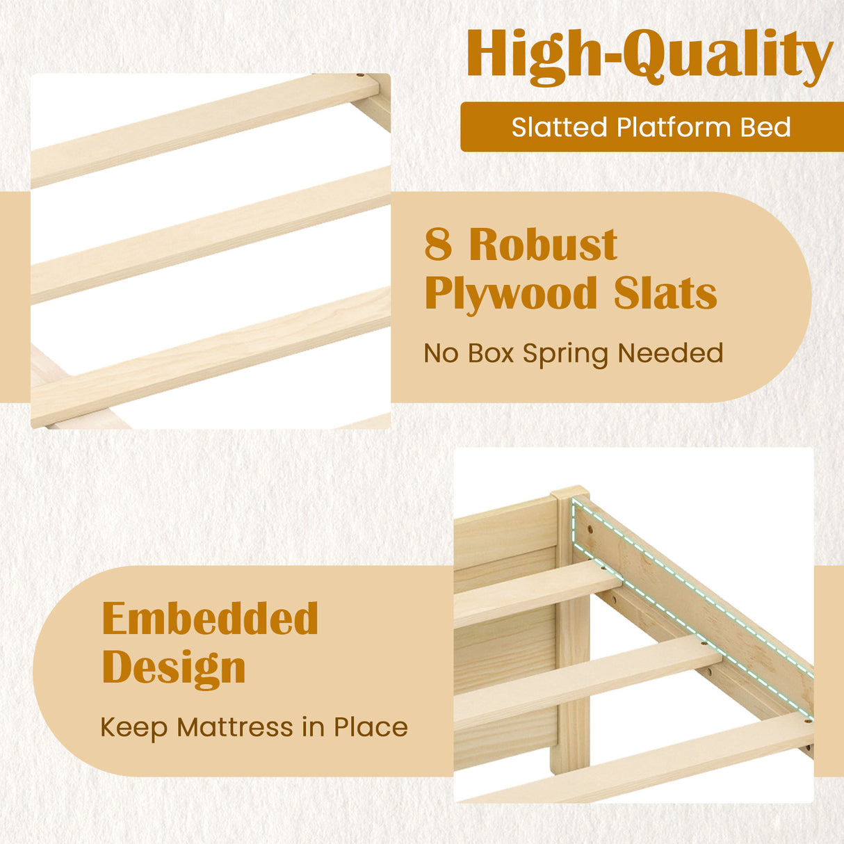 Full Size Wooden Bed Frame with 2 Rolling Storage Drawers-Natural