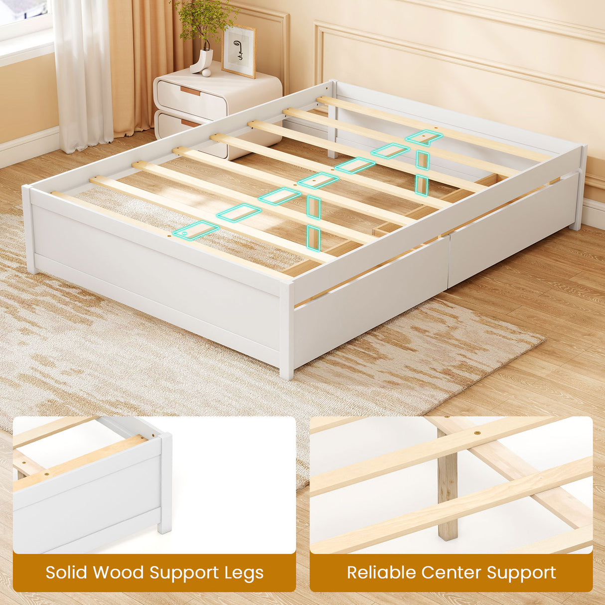 Full Size Wooden Bed Frame with 2 Rolling Storage Drawers-White