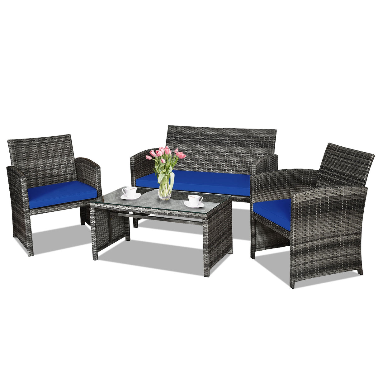 4 Pcs Patio Rattan Furniture Set Top Sofa With Glass Table-White