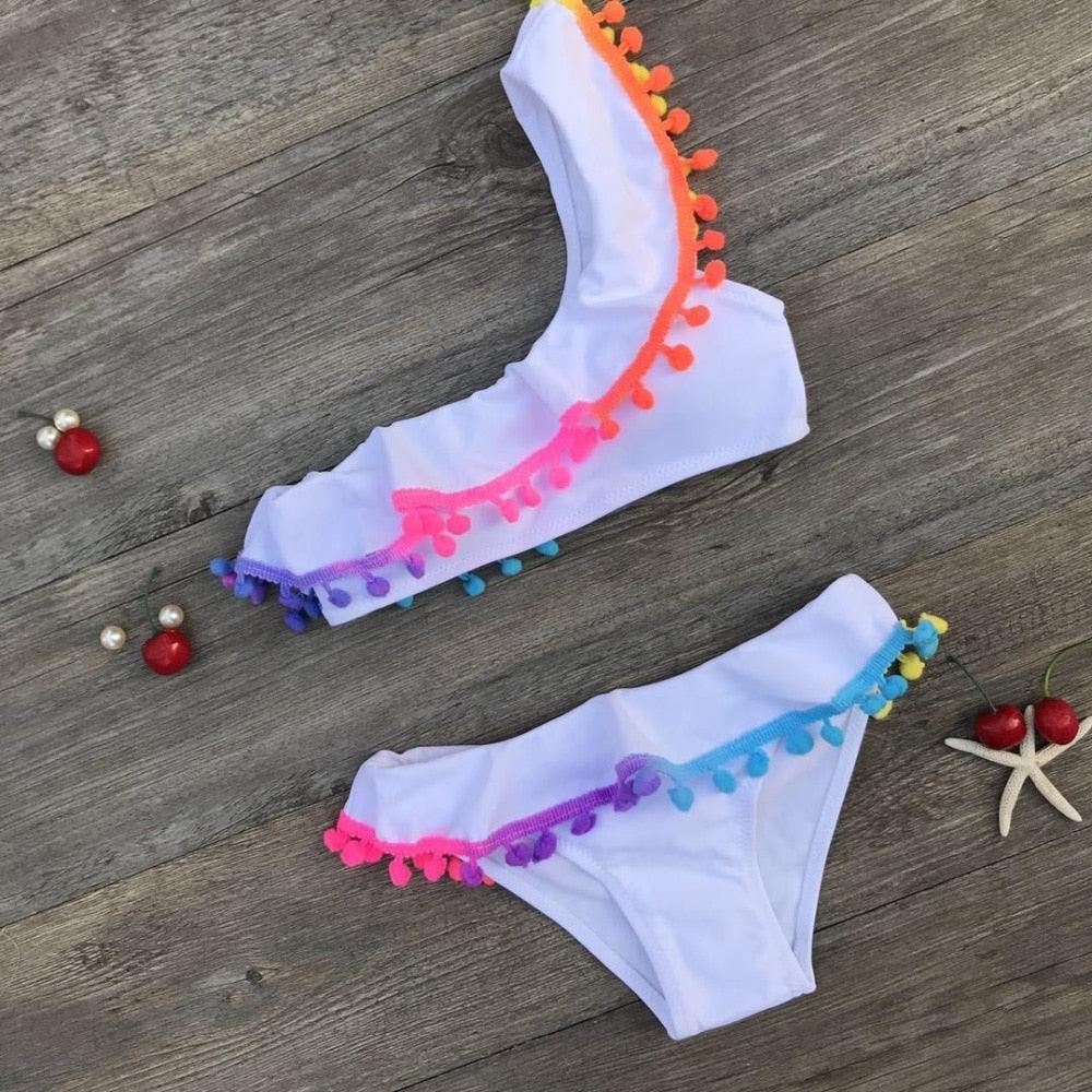 Girls Split Swimsuits Cute Shoulder Swimsuit Toddler Baby Girls 2 Piece Swimsuit Kids Bathing Beach Sun Suit Children Swimwear Bikini Set Girl Swimming Clothes Kids Bathing Suit Beachwear For Summer