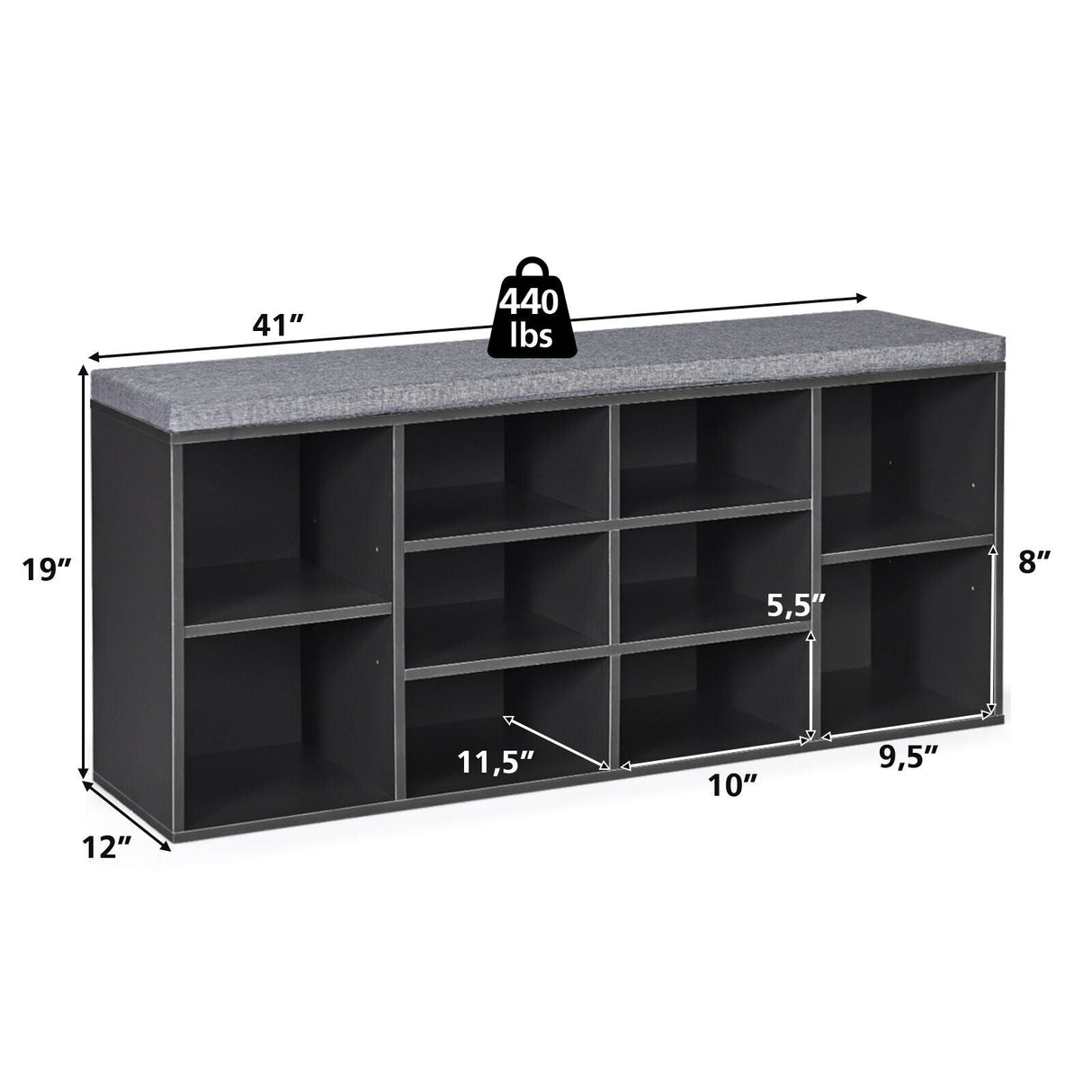10-Cube Organizer Shoe Storage Bench with Cushion for Entryway-Gray by DirectDeals