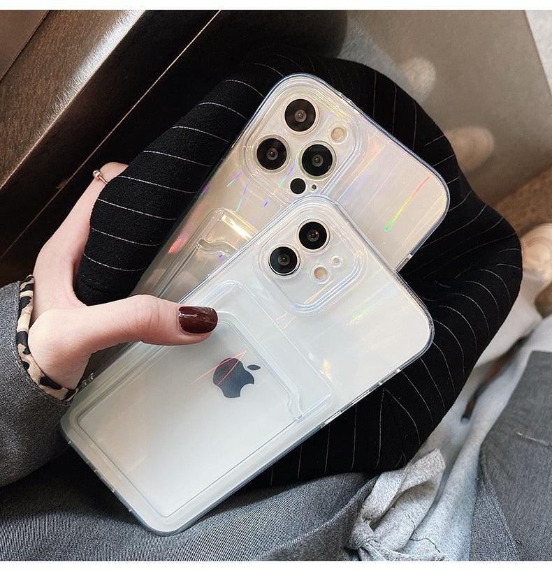 Gradient Rainbow Charming Case For iPhone 13 11 12 Pro Max XS XR 7 8 Plus Transparent Cover with Wallet Card Holder Case Soft Cover for iPhone