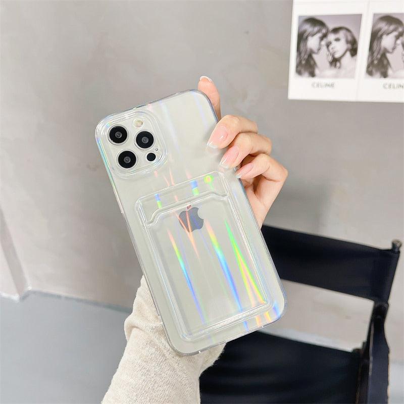 Gradient Rainbow Charming Case For iPhone 13 11 12 Pro Max XS XR 7 8 Plus Transparent Cover with Wallet Card Holder Case Soft Cover for iPhone