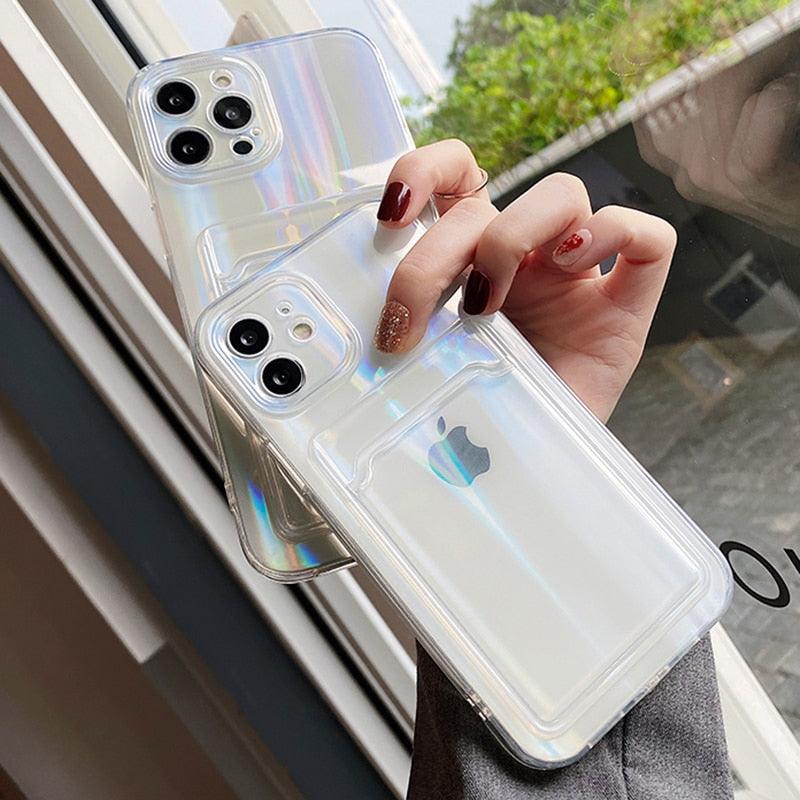 Gradient Rainbow Charming Case For iPhone 13 11 12 Pro Max XS XR 7 8 Plus Transparent Cover with Wallet Card Holder Case Soft Cover for iPhone