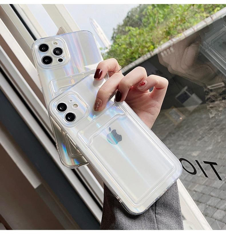 Gradient Rainbow Charming Case For iPhone 13 11 12 Pro Max XS XR 7 8 Plus Transparent Cover with Wallet Card Holder Case Soft Cover for iPhone