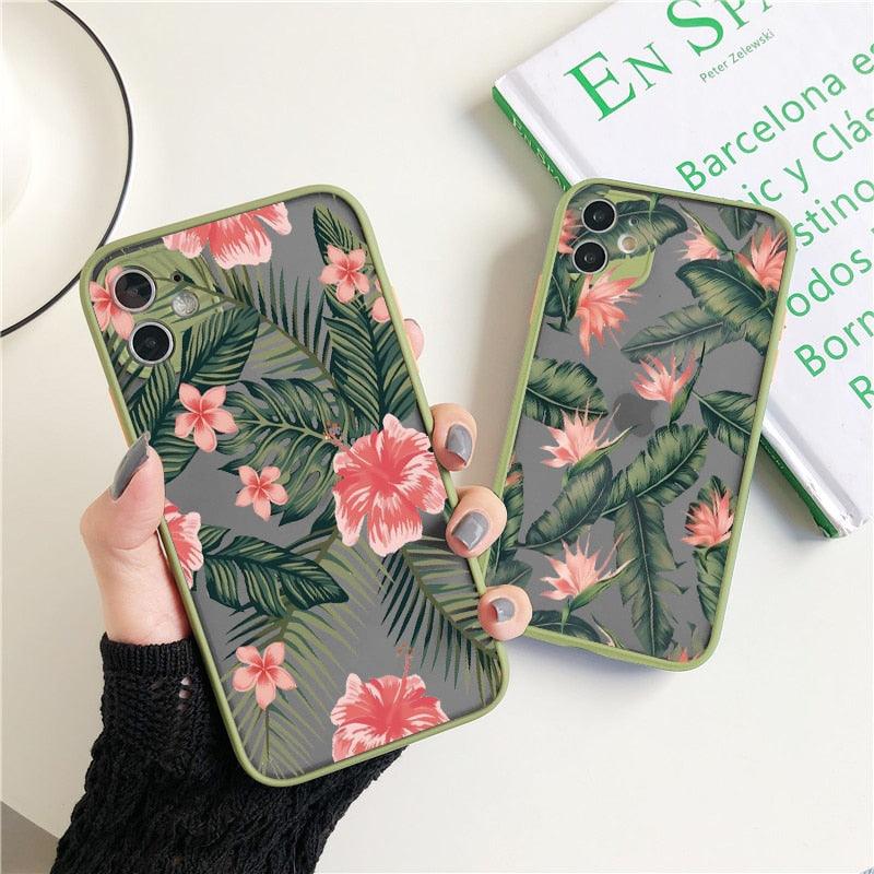 Green Leaves Plant Flower Phone Case for iphone 11 12 13 14 Pro Max Hard Back Shockproof Cover Floral Tropical Design with Slim Glossy Green Palm Leaves Pattern Case