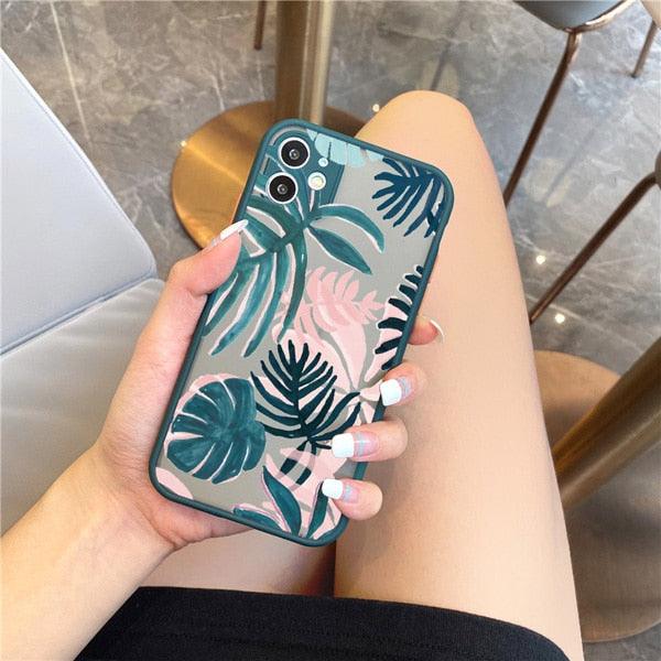 Green Leaves Plant Flower Phone Case for iphone 11 12 13 14 Pro Max Hard Back Shockproof Cover Floral Tropical Design with Slim Glossy Green Palm Leaves Pattern Case