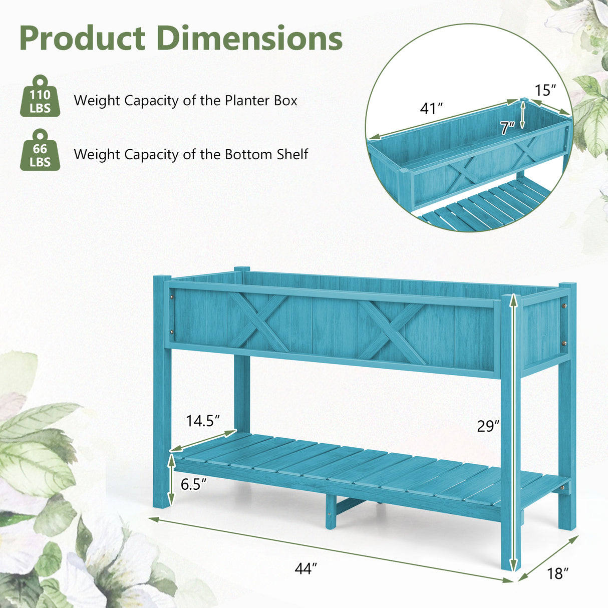 Poly Wood Elevated Planter Box with Legs Storage Shelf Drainage Holes-Blue