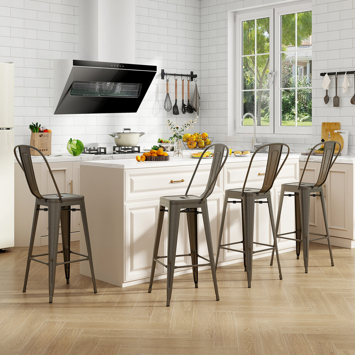 Set of 4 Bar Height Chairs Stackable Metal Bar Stools with Removable Backrest-Gun