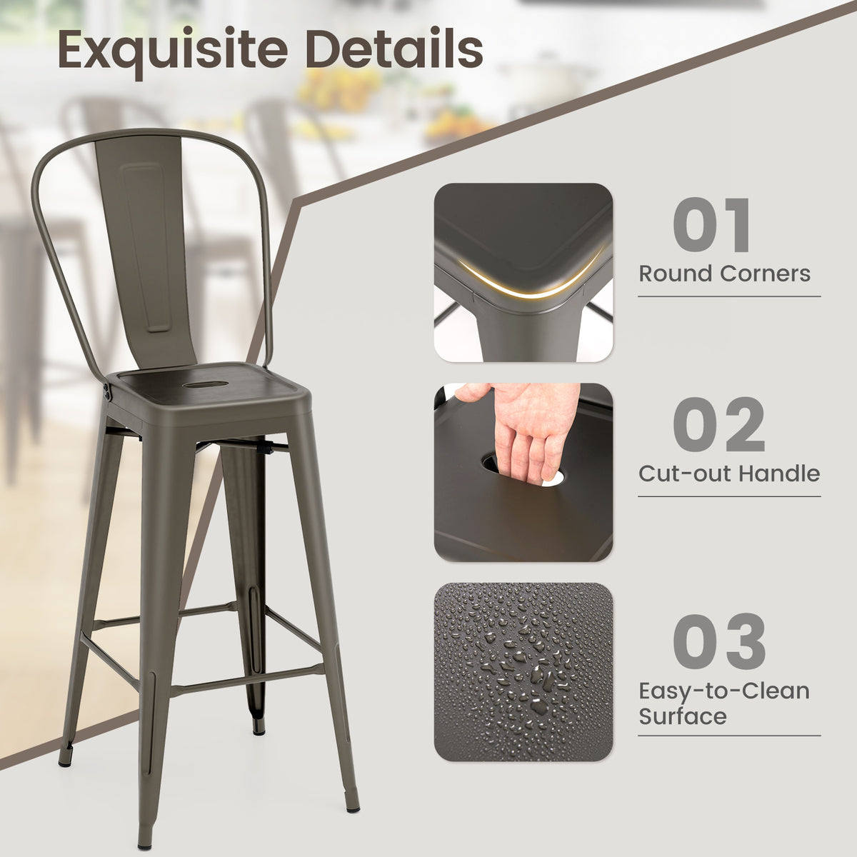 Set of 4 Bar Height Chairs Stackable Metal Bar Stools with Removable Backrest-Gun